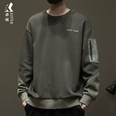 希越麂皮绒拼接卫衣男秋冬新款潮牌绣花宽松大码男士工装圆领上衣商品大图