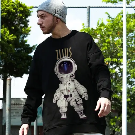 秋冬季嘻哈潮牌圆领卫衣男加绒宇航员加肥加大码宽松休闲套头上衣商品大图