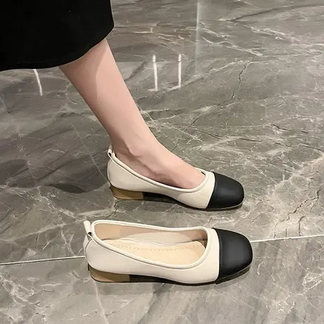 小香风高跟鞋女粗中跟方头复古奶奶鞋软皮软底舒适瓢鞋黑色豆豆鞋商品大图