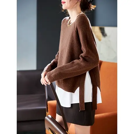 宝诗黎圆领假两件拼接长袖羊毛针织衫女设计感2024春秋季时尚毛衣图片