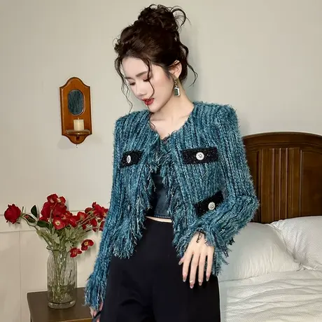 时髦炸街小香风外套短款秋冬洋气绝美设计感圆领长袖开衫上衣女装商品大图