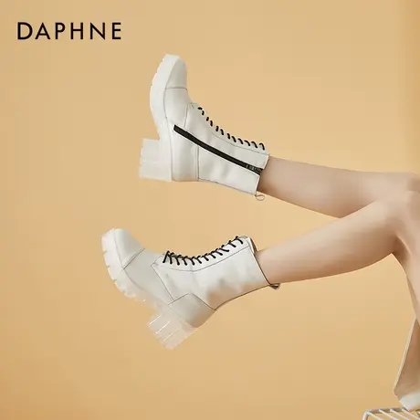 达芙妮高帮马丁靴女英伦风白色2022年新款时尚洋气夏季单靴高跟靴商品大图