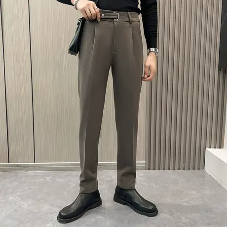 冬款毛呢西裤男2023新款个性宽松直筒裤高级感百搭加厚纯色休闲裤商品大图