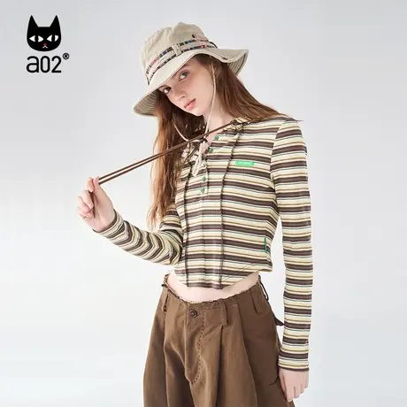 【呼呼严选专享】a02休闲长袖条纹T恤女连帽打底内搭上衣秋季新品商品大图