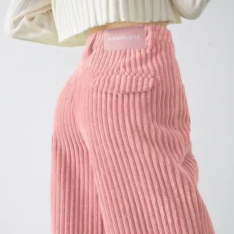 粉色灯芯绒休闲阔腿裤女2025春秋新品高腰直筒条绒雪尼尔拖地长裤商品大图