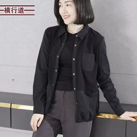 2024年春季新款纯色简约舒适翻领宽松拼接长袖外套大码外穿上衣女商品大图