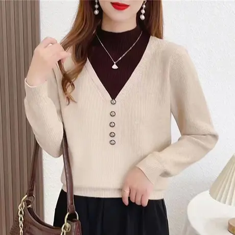 冬季假两件半高领毛衣女2023新款秋冬爆款内搭针织打底衫洋气百搭图片