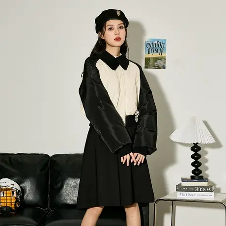 唐狮2023冬季新款女短款羽绒服翻领黑白拼接千金风韩系机能慵懒图片