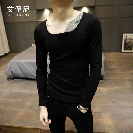 艾堡尼 青年大圆领长袖T恤男新款韩版修身打底衫潮时尚显瘦打底衫图片