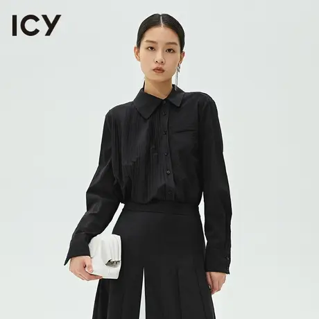 icy女装设计春秋新款不对称拼接风琴压褶长袖衬衫女商品大图
