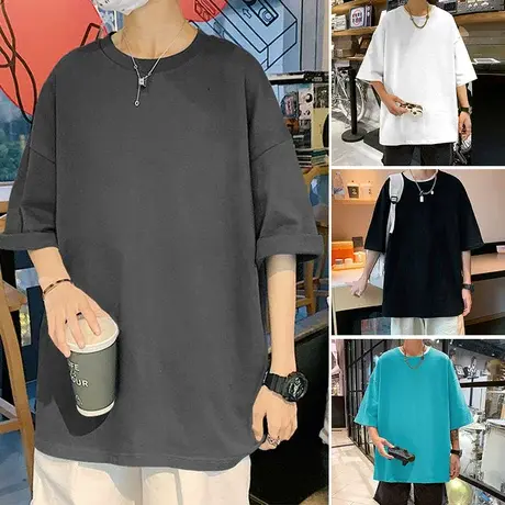 纯棉短袖T恤男夏季港风宽松半袖ins潮牌打底衫重磅纯色基础款体恤商品大图