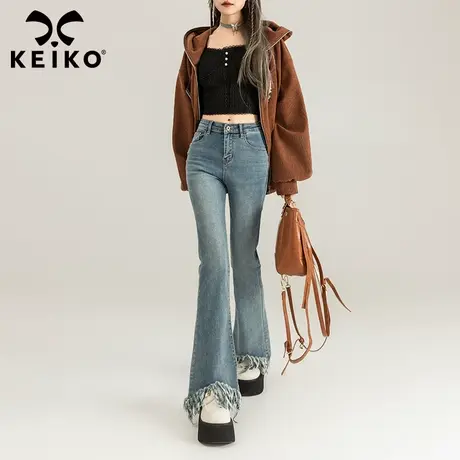KEIKO 流苏毛边微喇牛仔裤女2024春夏高腰修身弹力显瘦喇叭马蹄裤图片