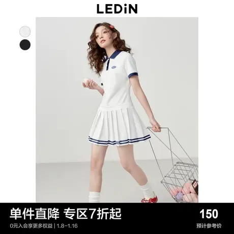 乐町休闲运动撞色连衣裙春夏甜美polo百褶小白裙商品大图