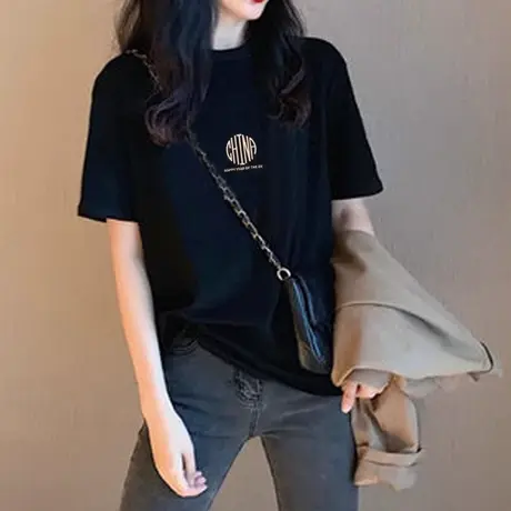 国潮黑色正肩短袖女春秋新款纯棉T恤上衣小众设计感本命年上衣潮商品大图