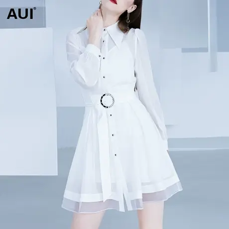 AUI气质女神范白色衬衫连衣裙女2023夏季新款名媛高端收腰中长裙图片