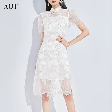 AUI白色新中式旗袍改良连衣裙女2024夏季新款名媛气质收腰网纱裙图片