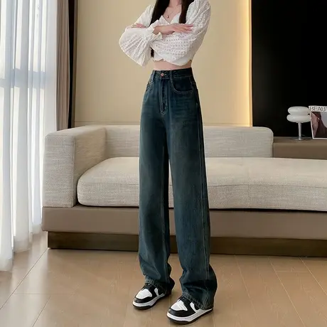 复古窄版阔腿牛仔裤女秋冬加绒加厚直筒显瘦高腰宽松百搭拖地裤子图片