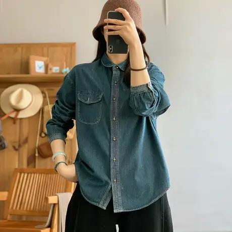 dza 复古纯棉双口袋翻领牛仔衬衫女2024春宽松长袖衬衣外套短上衣图片
