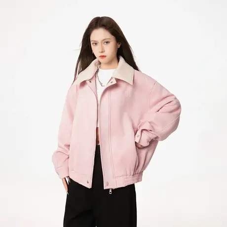 复古设计感绒面外套女春秋2024年新款可拆卸领夹克宽松情侣装上衣商品大图