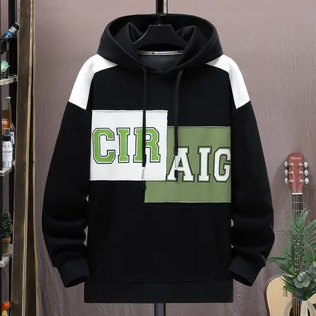 撞色拼接卫衣男春秋款美式连帽外套男潮牌青少年字母印花套头上衣商品大图