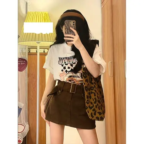 纯棉美式复古设计感短袖t恤女ins潮牌夏季宽松港味chic半袖上衣服商品大图