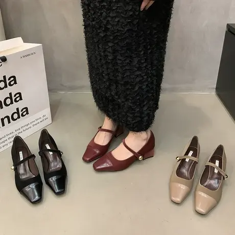 法式中跟晚晚风温柔红色单鞋女鞋子2024年新款春秋季复古玛丽珍鞋图片