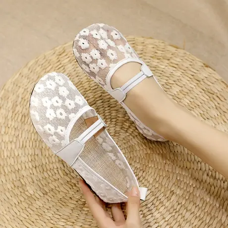 蝴蝶结平底浅口单鞋女2024新款夏季网纱透气豆豆鞋女网红百搭瓢鞋图片