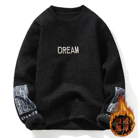 男圆领毛衣潮流秋冬季一体加绒加厚新款打底针织衫冬装保暖上衣服商品大图