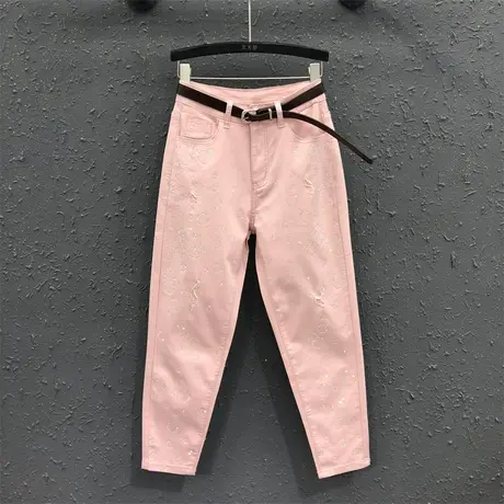 重工烫钻哈伦裤女2024春夏新款粉色休闲萝卜裤宽松百搭牛仔九分裤图片