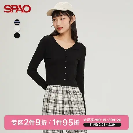 SPAO女士T恤春季新款休闲百搭长袖V领短款针织套头SPLWC12S28商品大图