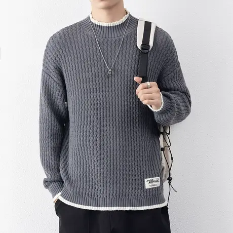 半高领毛衣男士秋冬季新款撞色拼接韩版潮流宽松时尚帅气针织线衣商品大图