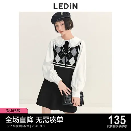 乐町格纹针织连衣裙休闲秋冬新款女装收腰奶乖学院黑色格纹背心裙商品大图