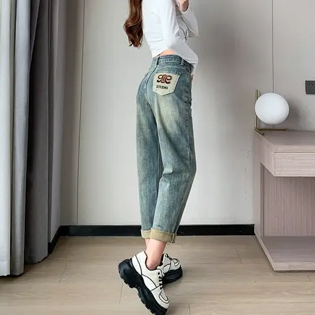 2024年新款春秋冷茶色哈伦牛仔裤女小个子大码胖mm显瘦九分老爹裤商品大图