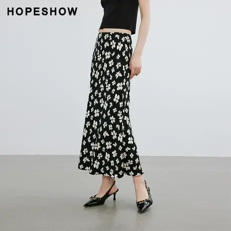 红袖黑色碎花绝美鱼尾裙hopeshow2024春季新款气质A字显瘦半身裙图片