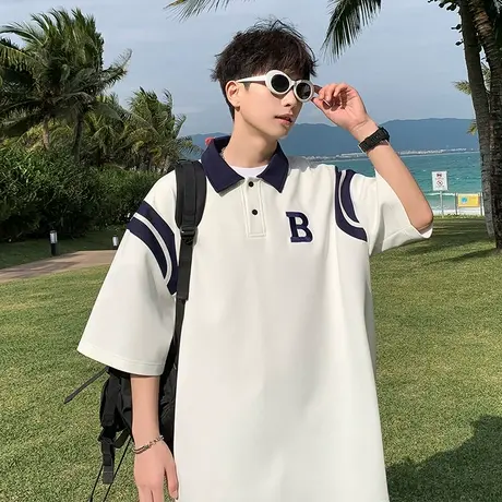 大码菠萝格刺绣POLO衫男2024新款潮牌oversize撞色翻领体恤上衣服商品大图