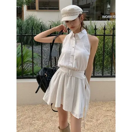 白色2024夏装新款辣妹性感无袖背心连衣裙女收腰气质蓬蓬a字短裙图片