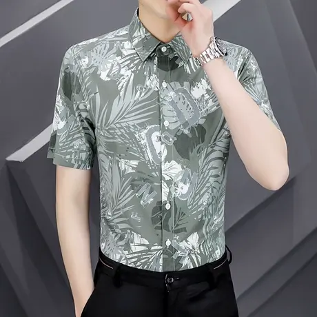 夏季潮流发型师短袖衬衫男士修身半袖打底寸衫轻熟风休闲花衬衣服商品大图