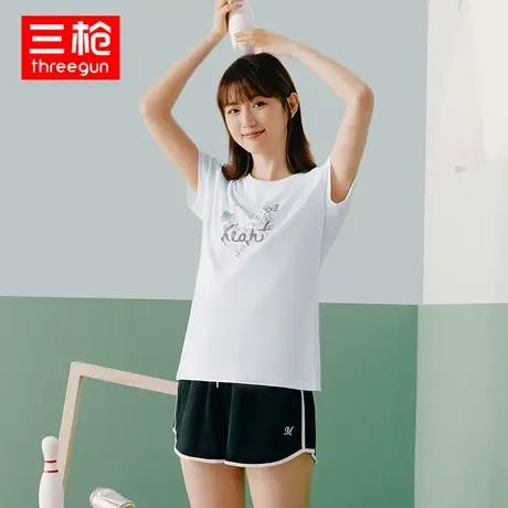 三枪短袖衫女2023春夏水柔棉圆领纯棉印花薄款上衣全棉透气打底衫商品大图