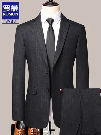 罗蒙西装套装正品职业装结婚新郎礼服修身商务休闲条纹伴郎西服男图片