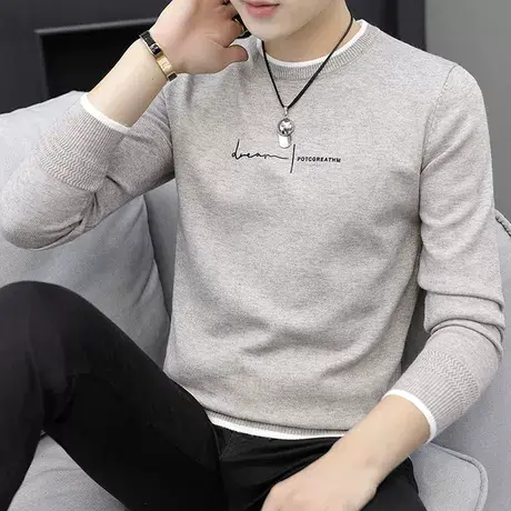男士毛衣秋冬季加绒加厚圆领韩版潮流男装线衣秋装针织打底衫上衣商品大图