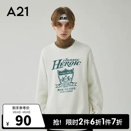 A21outlets男装宽松圆领落肩长袖毛衣秋季男士针织衫潮牌上衣黑色商品大图