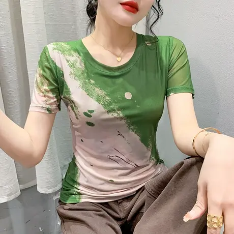时尚拼色印花T恤女短袖百搭网纱圆领小衫夏季修身百搭洋气上衣ins图片