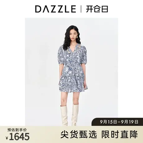 DAZZLE地素 奥莱复古蓝染印花镂空别致度假风短袖连衣裙女商品大图