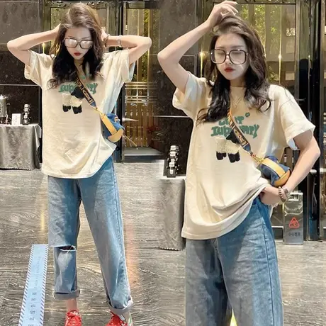 欧货大码上衣女ins潮2023夏季新款纯棉短袖t恤女时尚洋气印花体恤商品大图