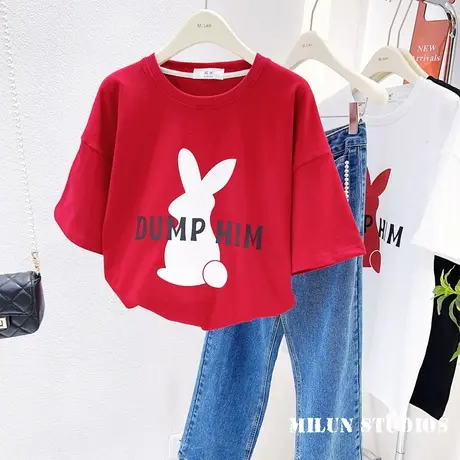 红色上衣2023早春新款韩国东大门ins兔子磨毛短袖T恤内搭大码欧货商品大图