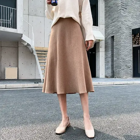 法式针织毛线半身裙子女春春秋冬新款高腰中长款a字裙冬天配毛衣图片