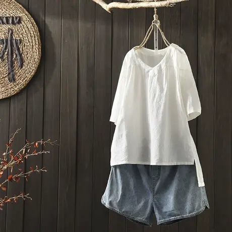 枫谜2020年夏装新款文艺简约纯色棉麻短袖T恤女宽松套头休闲上衣图片