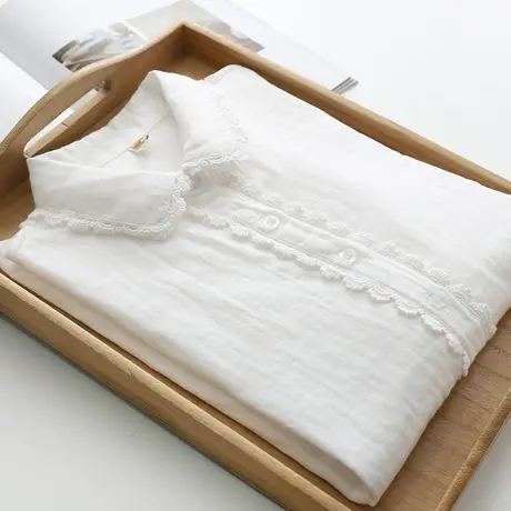 春季文艺小清新蕾丝花边双层纱纯棉长袖白衬衫女宽松百搭打底衬衣商品大图