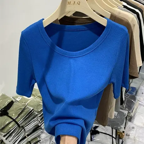 2023夏季薄款新款圆领螺纹短袖t恤女显瘦修身打底衫欧货纯色上衣商品大图