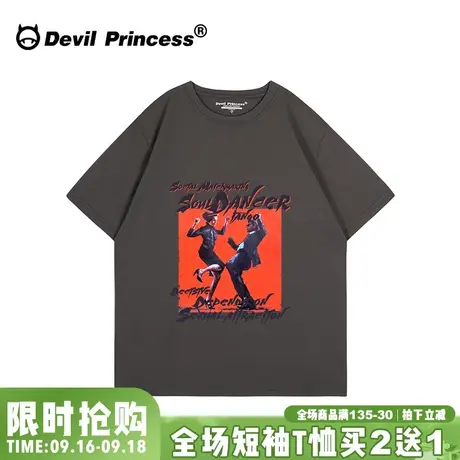 欧美风街头hiphop嘻哈小众潮牌深灰色短袖t恤女宽松大版超火上衣商品大图